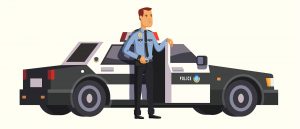 A graphic shows a stylized police officer standing in front of a police car with its door open.