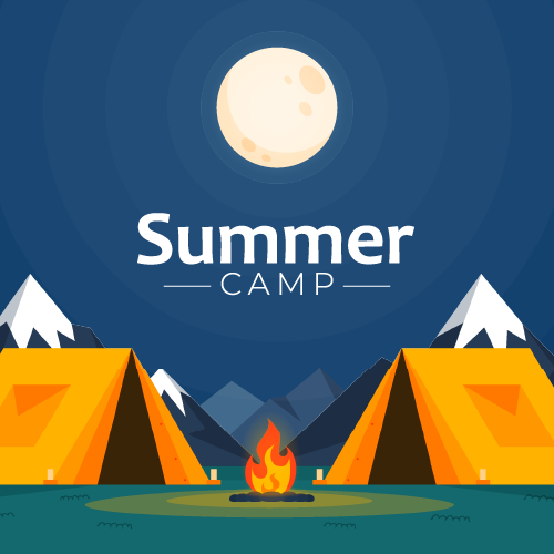 Graphic of two tents outside with a camp fire. Text above reads " Summer Camp".