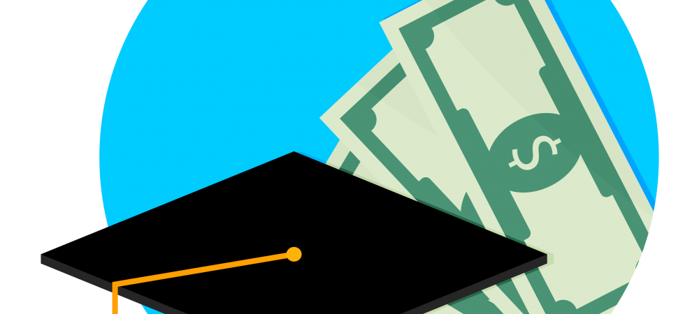 Cartoon rendering of a graduation cap in front of money.