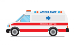Cartoon rendering of an ambulance shown from the side.