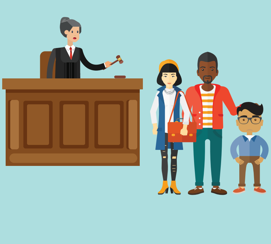 A woman who is a judge stands behind a desk holding a wooden hammer. A woman, man, and boy stand together in front of her.