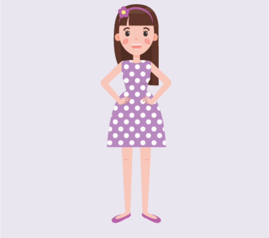 A smiling girl stands with her hands on her hips in the center of the image.