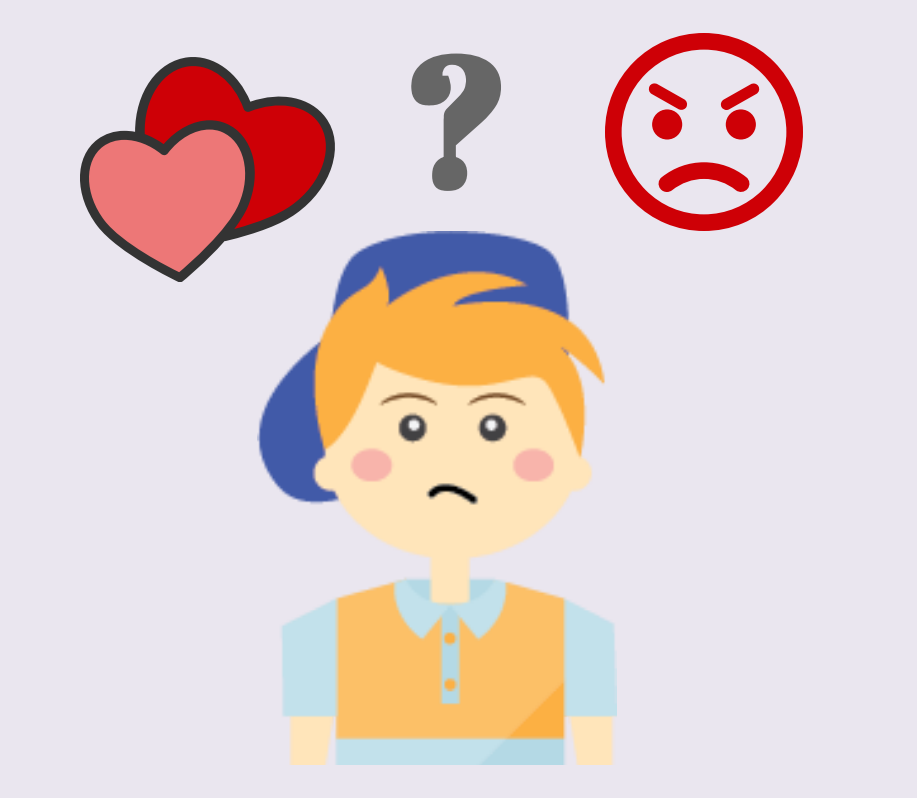 A boy stands with a heart, question mark, and angry face above his head.