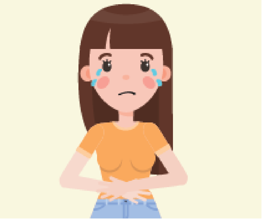 A frowning girl cries in the center of the image with her hands on her stomach.