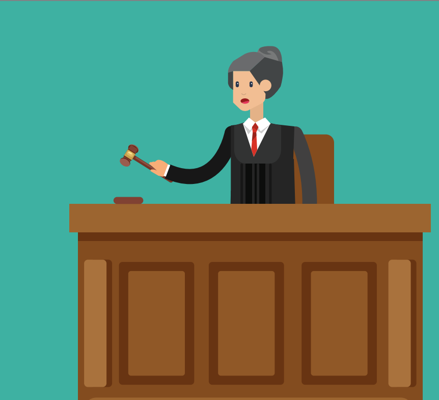 A woman wearing a robe who is a judge stands behind a desk holding a wooden hammer.