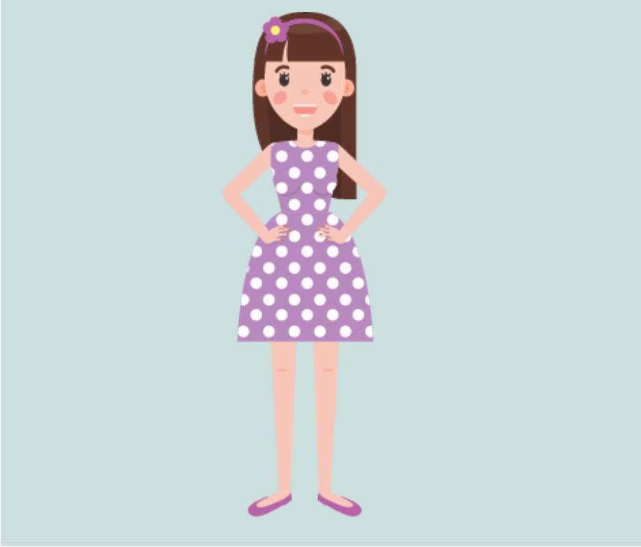 A smiling girl stands in the center of the image wearing a polka-dot dress.