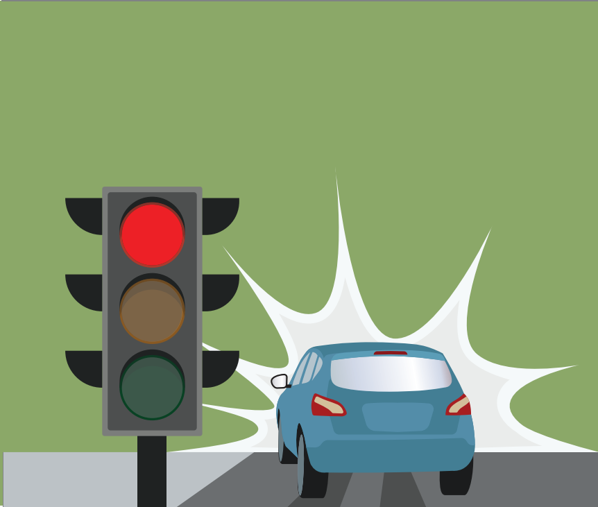 A car is shown driving past a traffic light that is red.