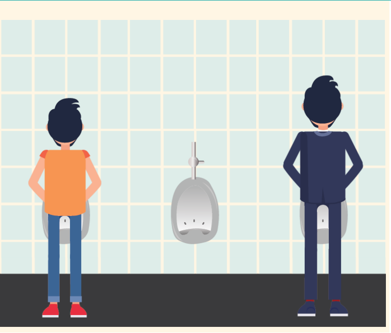 Two men are shown from the back using urinals with an unused urinal in between them.