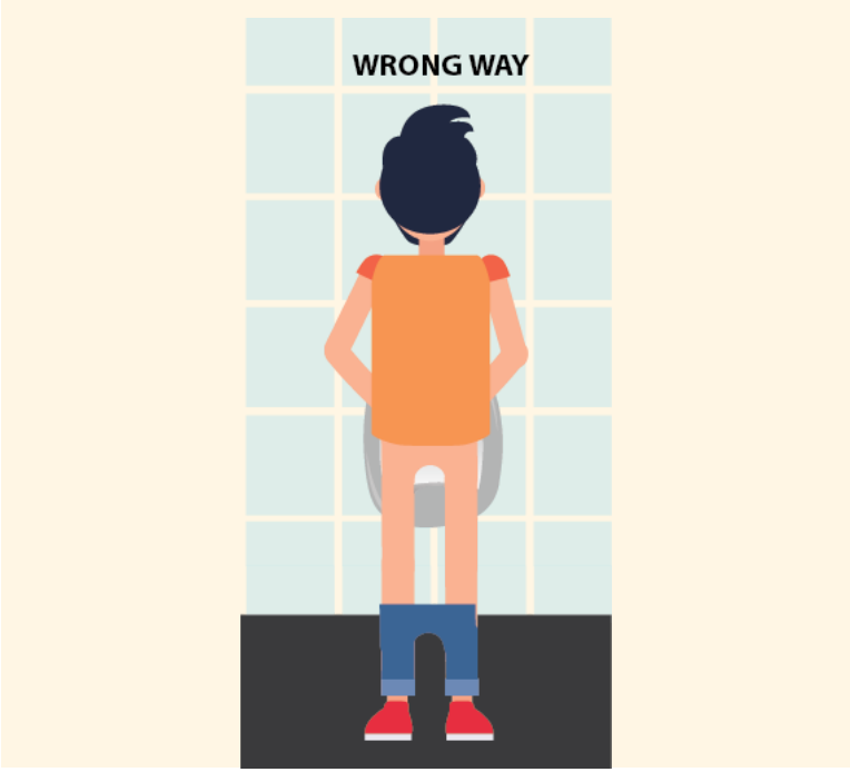 A man stands facing a urinal with his pants pulled all the way down. Above him are the words 