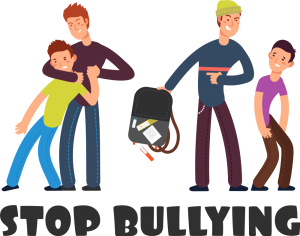 Cartoon rendering of two boys being bullied above the words "stop bullying."
