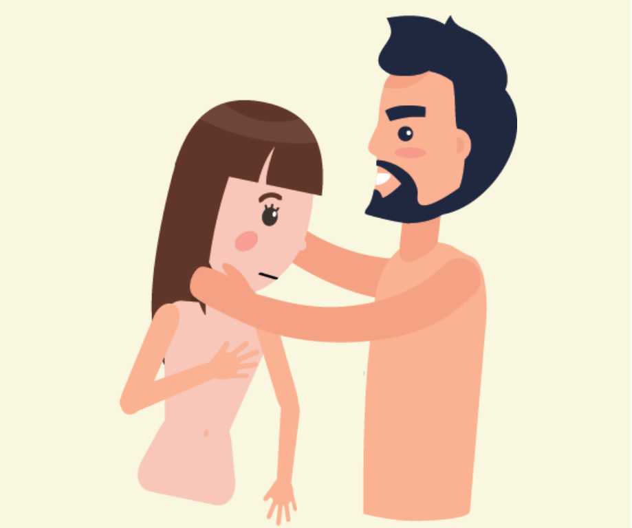 A man and girl are shown without clothes on, and the man's arms are outstretched toward the girl.
