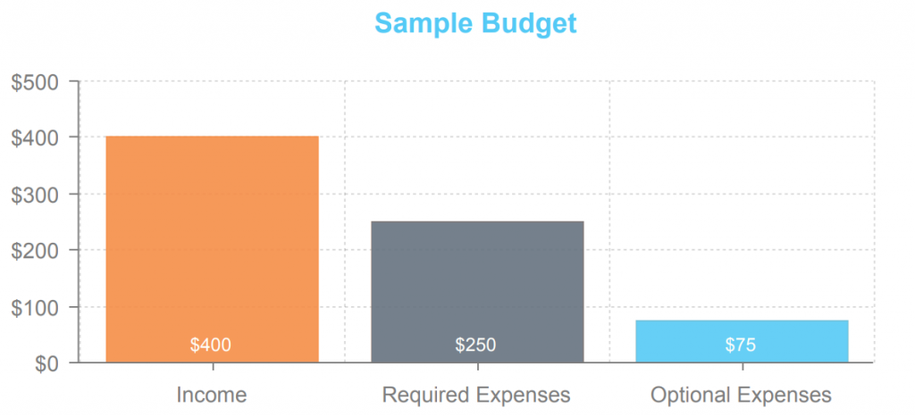 Bar graph: bar labeled income showing $400, bar labeled required expenses showing $250, bar labeled optional expenses $75
