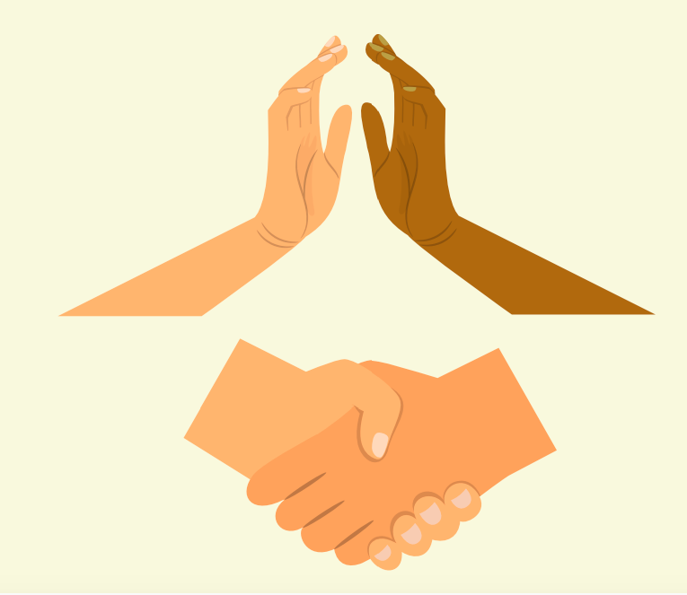 Two hands high five at the top of the image and a handshake is shown at the bottom.