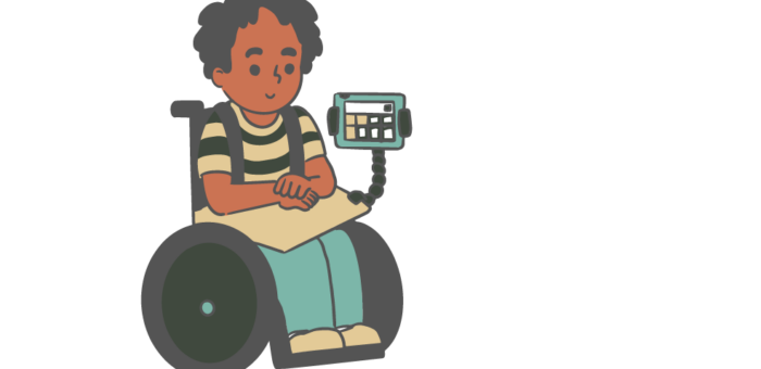 Graphic of a boy sitting in a wheelchair, the chair has a computer display that helps him communicate.