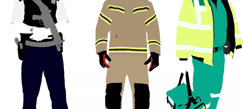 A graphic depicting emergency responders such as a police officer, firefighter, and a medic.