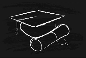 White on black graphic of a cap and diploma. 
