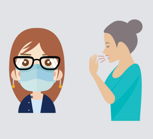 A woman wearing a mask is shown to the left of another woman coughing.