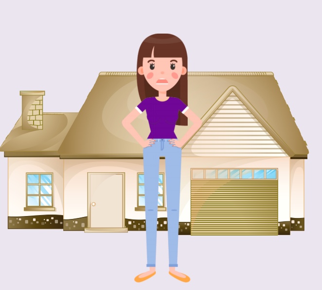 A girl standing in front of a house.