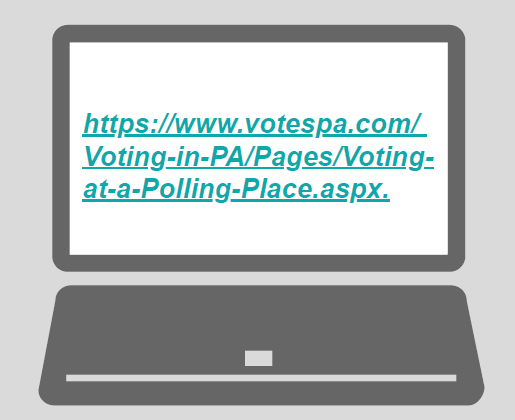A laptop with the URL 'https://www.votespa.com/Voting-in-PA/Pages/Voting-at-a-Polling-Place.aspx'