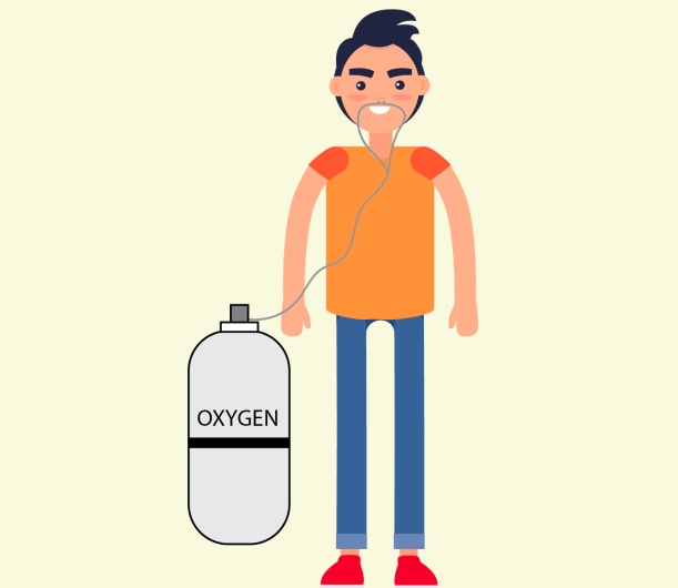 A boy standing next to an oxygen tank.