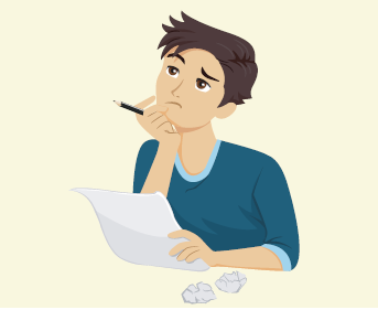 A man is thinking of what to write. He holds a pencil and sheet of paper. Two crumbled papers are in front of him.