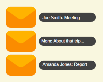 Three emails with the headings 'Joe Smith: Meeting,' 'Mom: About that trip...,' and 'Amanda Jones: Report.'