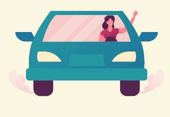 A woman driving a car with her hand waving out the window.