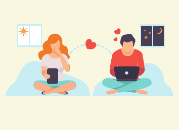 A woman and man are video chatting. The woman is on her tablet in the daytime and the man is on his laptop at nighttime. They both have hearts around them.