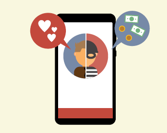 A cell phone with a man's profile. It is split in half, with the left being normal and a speech bubble with hearts, while the right is a burgler and a speech bubble with money,