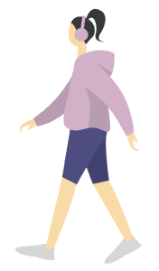 Cartoon of a woman walking with headphones on. 