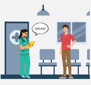 Graphic of a man standing up in a waiting room, a MRI Technologist is calling his name.