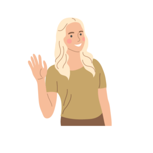 Graphic of a blond woman, she is waving and smiling.