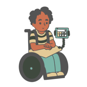 Graphic of a person in a wheelchair, the wheelchair has a computer display that is used of for communication.