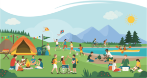 A scene of a summer camp. There are kids doing different outdoor activities everywhere. 