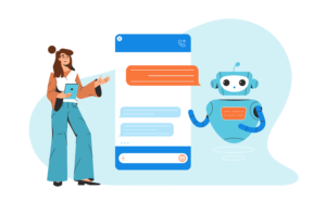 A woman holding a phone, a large smartphone screen in the middle, and a robot on the other side. 